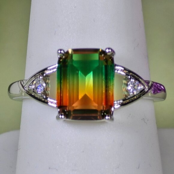 Emerald-Cut Simulated Watermelon Tourmaline Silvery Ring Size 8.5 (NWOT)‎ - Picture 2 of 5